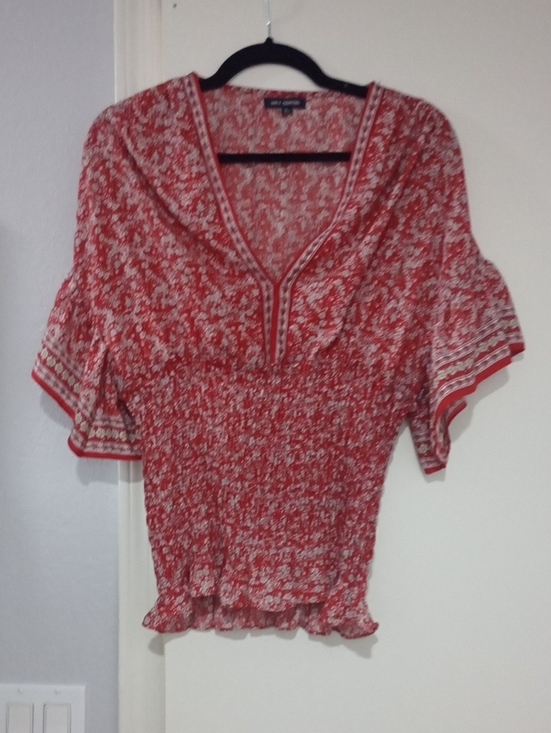 Max Edition Tops - Max Edition Red Floral V-Neck Smocked Waist Blouse
